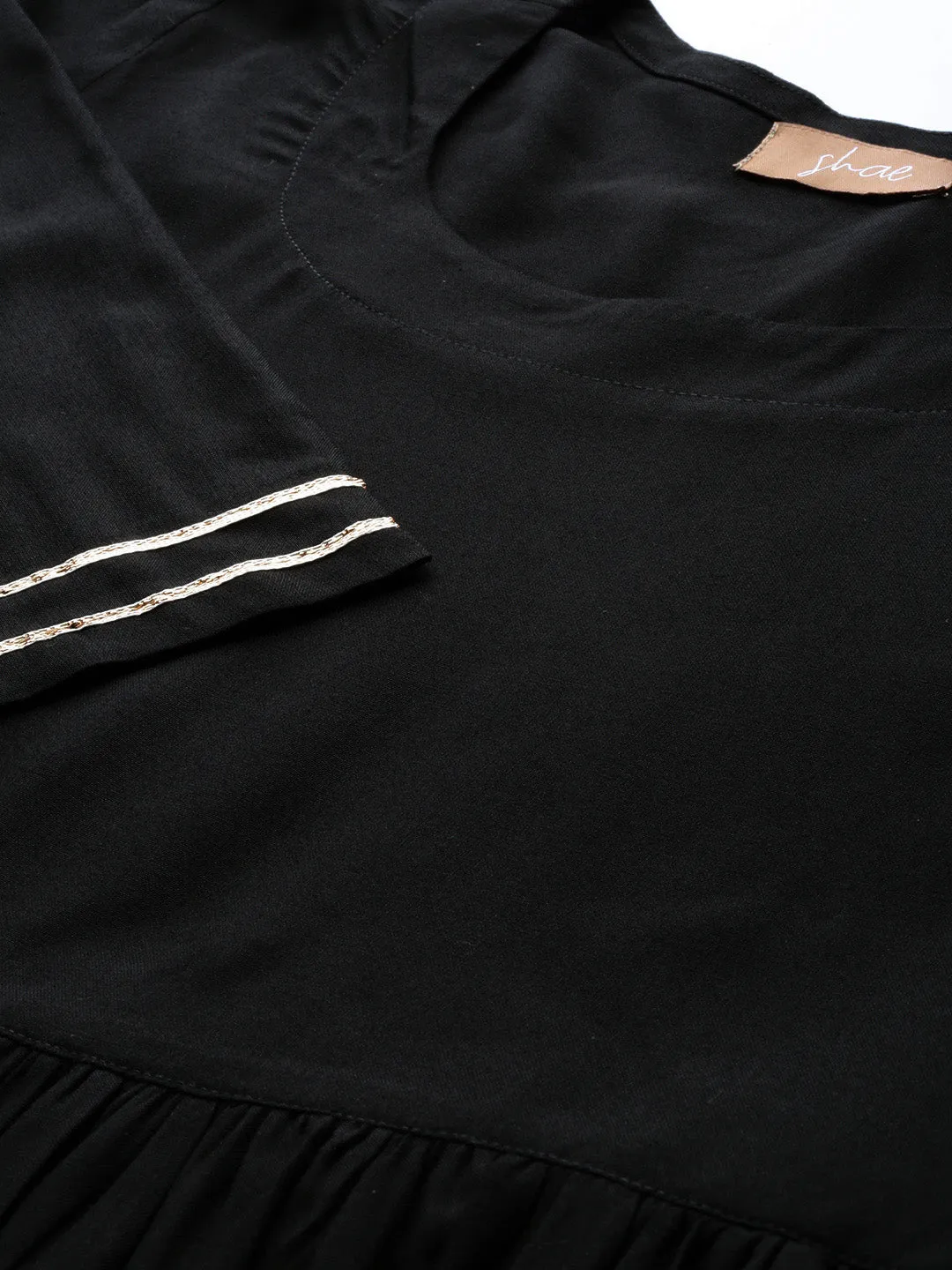Women Black Gathered Dress With Foil Print Scraf