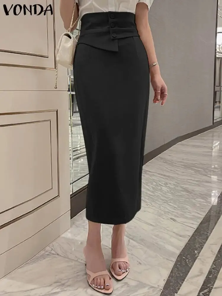 Women Elegant Long Skirts VONDA Sexy High Waist Party Skirt Fashion Office Lady Summer Skirts Female Solid Color Bottoms