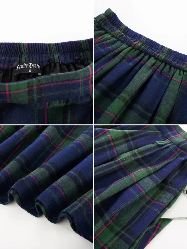 Women Plaided Skirt Buckle up Flared A-Line Swing Skirt